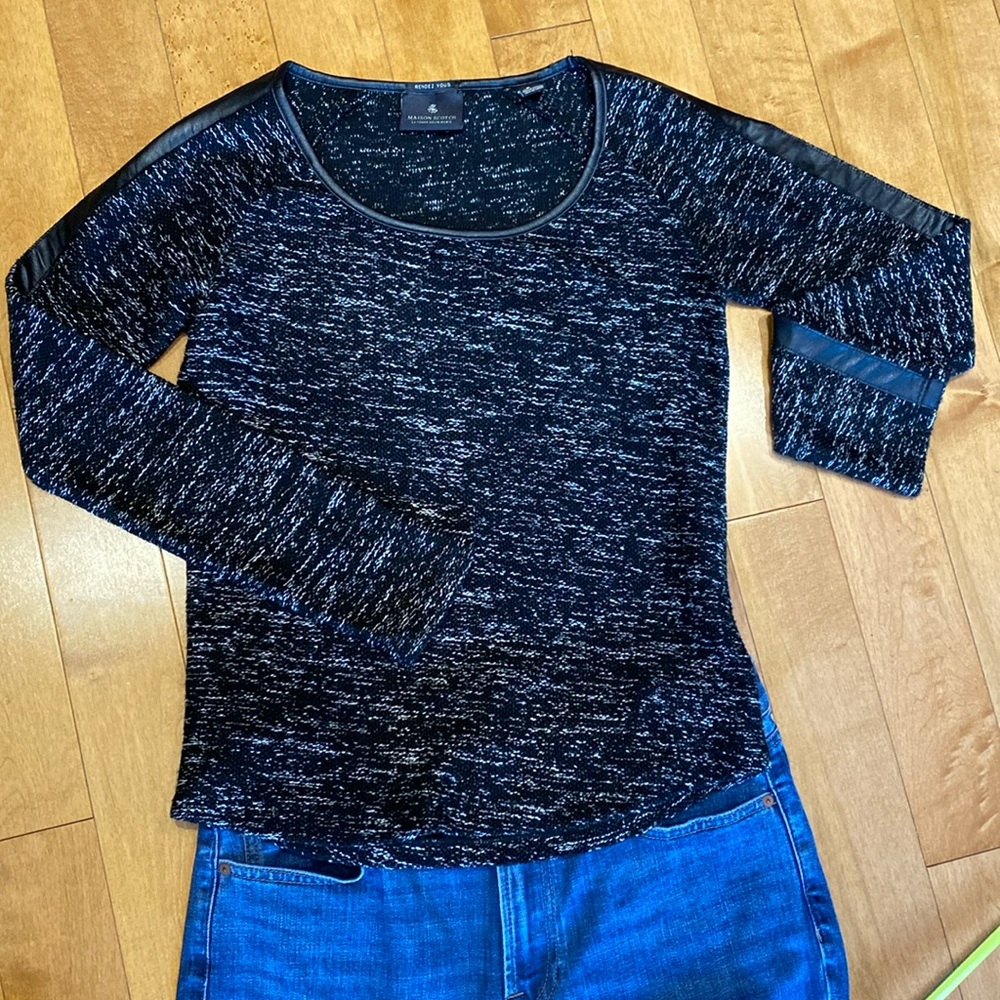 Maison Scotch Faux Leather Trim Woven Long Sleeved Top